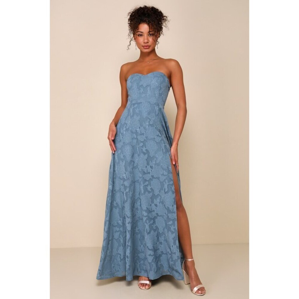Lulus Garden Of Romance Dusty Blue Floral Burnout Strapless Maxi Dress - Size XS